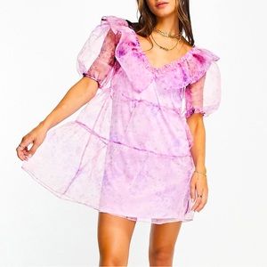 Reclaimed Vintage | Organza Mini Dress with Puff Sleeves in Lilac Floral SZ SM